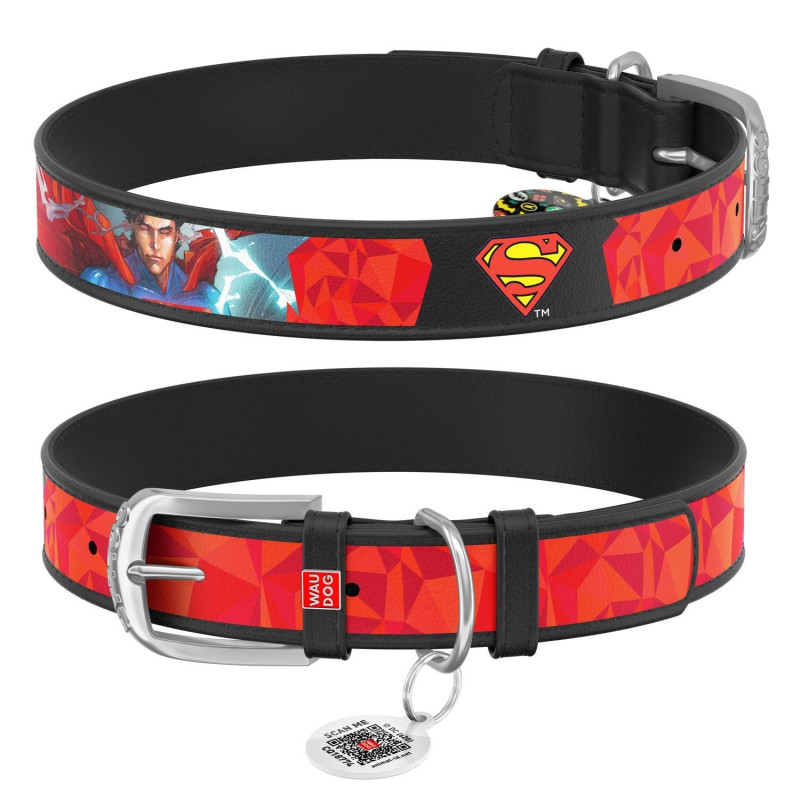 Waudog Leather Collar Superman1 Black